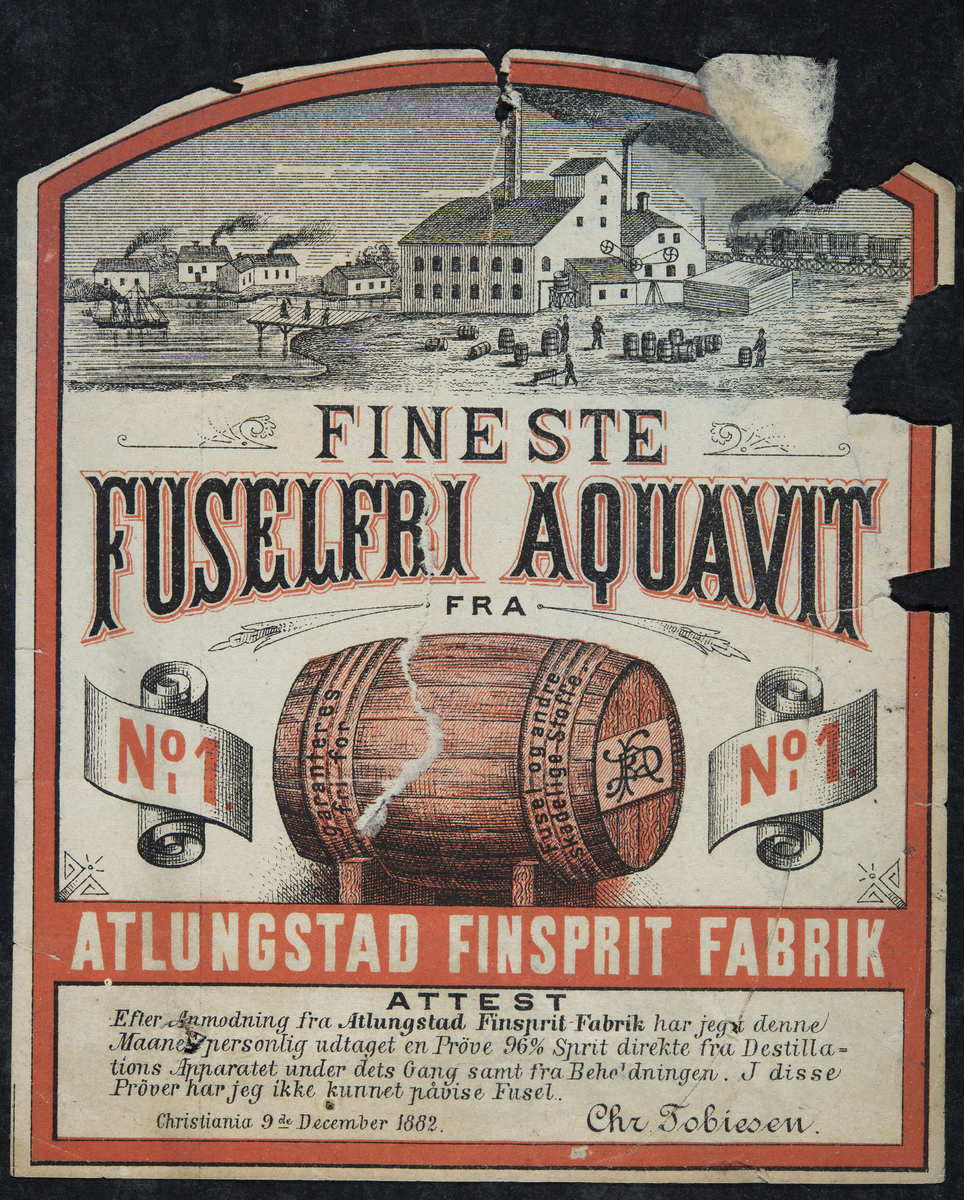 Etikett - Fineste fuselfri Aquavit, No. 1. 
Atlungstad finsprit fabrik. 