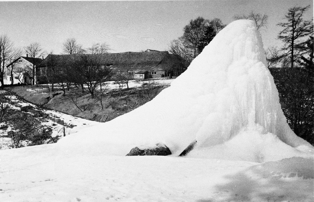 "Isfjell" på Kvernaland vinteren 1954. Lekkasje i eit vannrøyr som fraus til is laga den fine skulpturen.