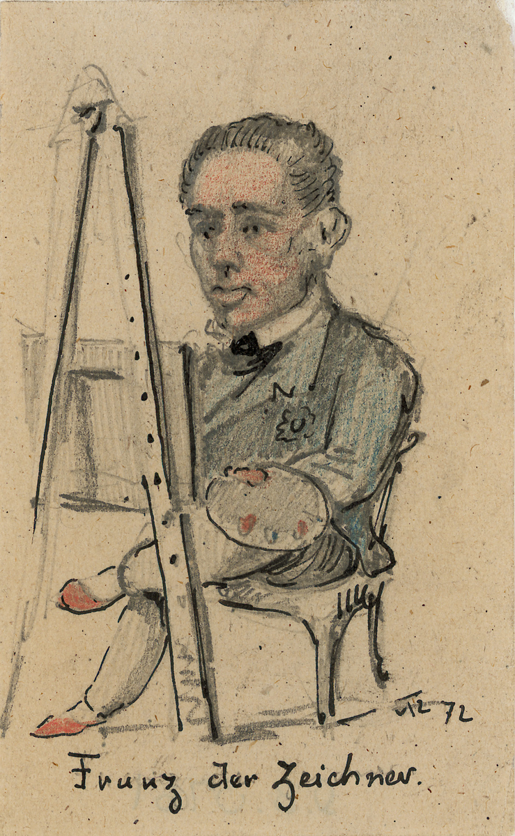 Sittende hel figur, 1/2 venstre profil. Han sitter med benene i kors foran et staffeli og maler. Har en palett i den ene hånden.