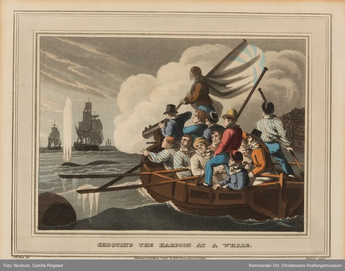 Hvalfangere i robåt som skyter hval med harpun. Seilskip i bakrunnen.
