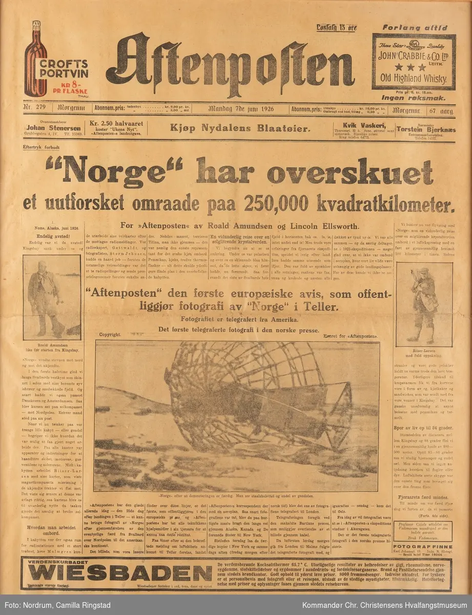 Forside Aftenposten Mandag 27de juni 1926