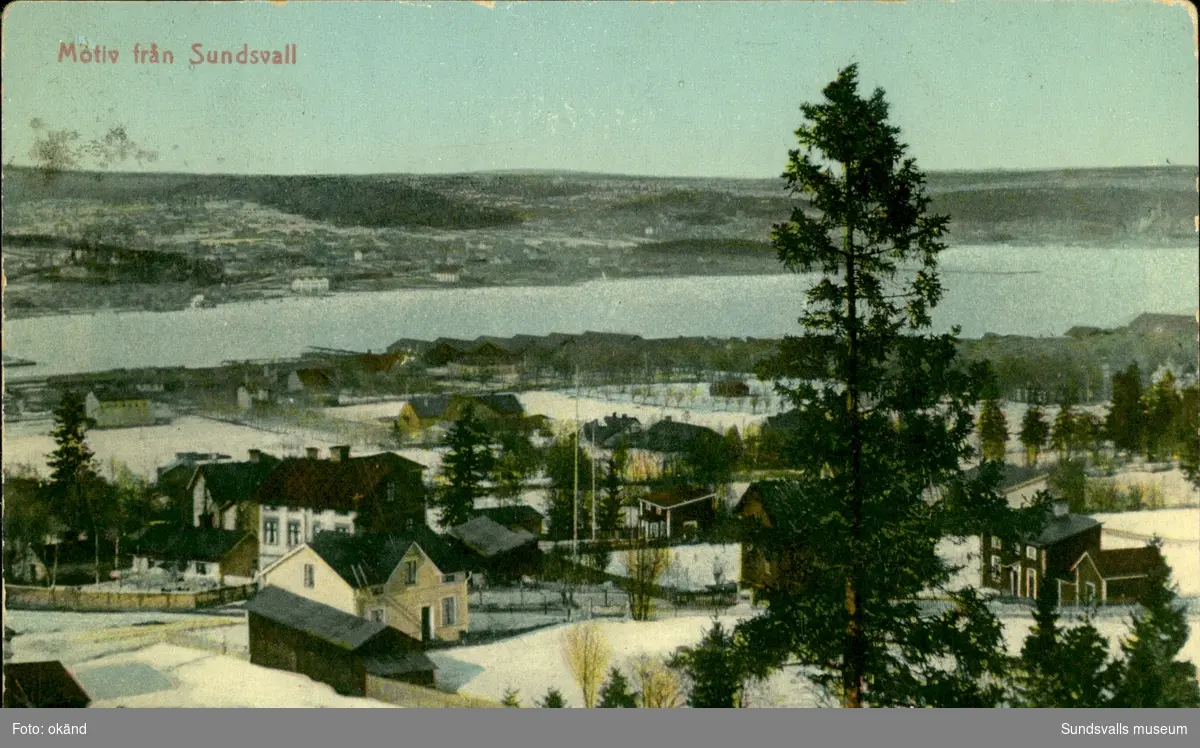 Vykort med vintermotiv över Sundsvall.
