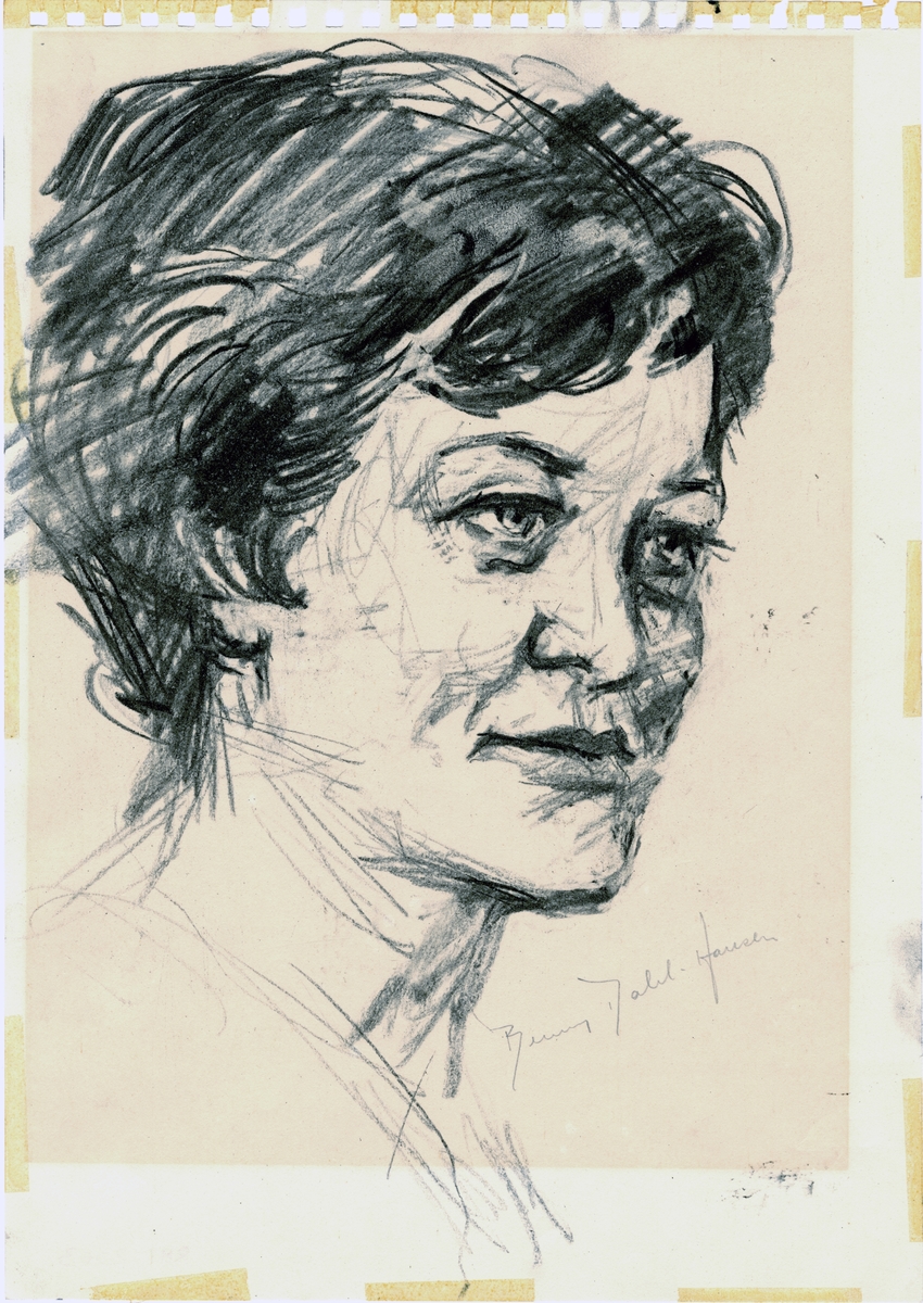 Portrett i profil av kvinne.