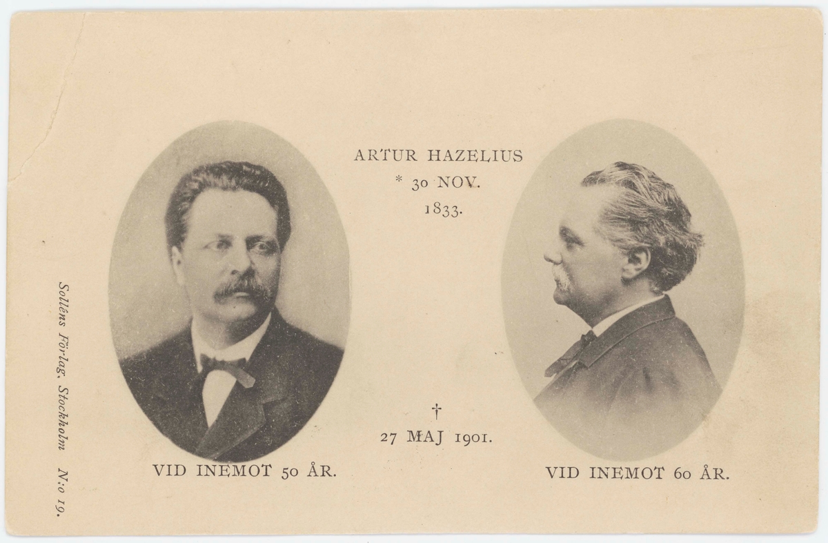 Vykort med motiv från Skansen. Porträttbilder av Skansens grunadre Artur Hazelius. "Artur Hazelius [född] 30 nov 1833. [död] 27 maj 1901."