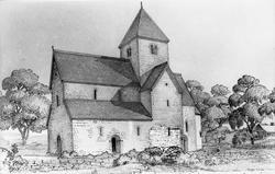Avfotografert tegning av en gammel utgave av Hoff kirke i Øs