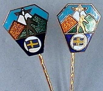 Två kavajnålar av guldfärgad metall med emaljerad dekor i flera färger. Nederst en svensk flagga. I mitten står en liten människofigur som höjer ett gyllene vinghjul mot himlen.