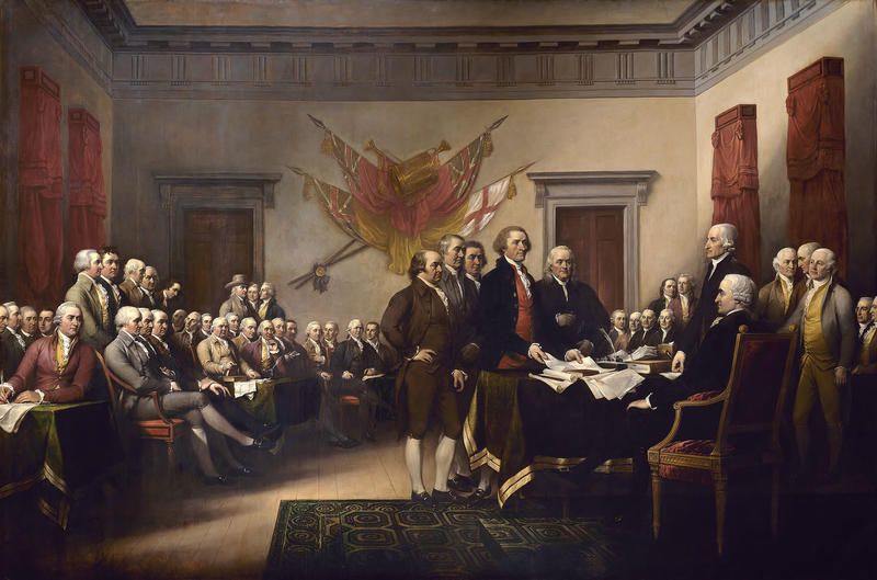 The Declaration of Independence av John Trumbull (1756 – 1843). Malt 1786 – 1820. Versjonen eid av Yale University Art Gallery. En forstørret versjon henger i US Capitol. (Foto/Photo)