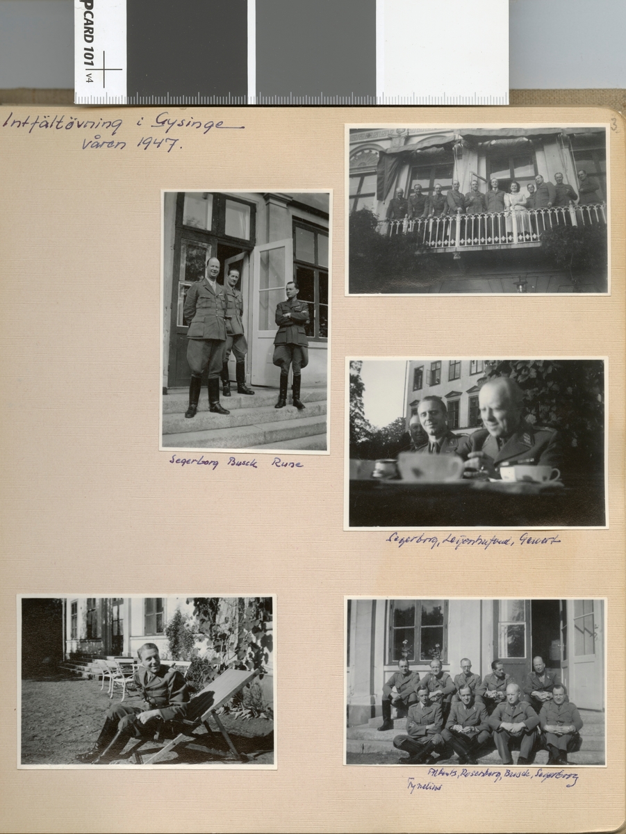 Text i fotoalbum: "Intfältövningar i Gysinge våren 1947, Segerborg, Busck, Rune".