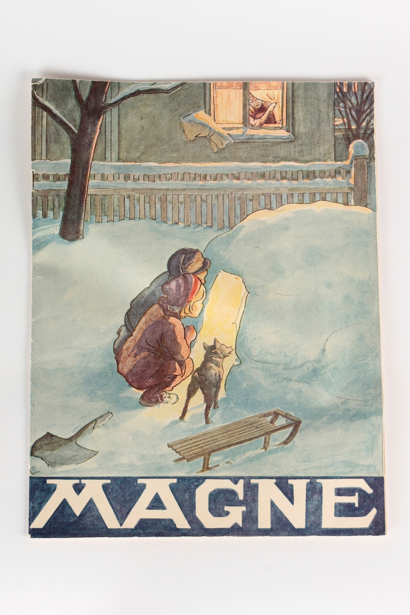 To barn og en hund som kikker inn i en snøhule.