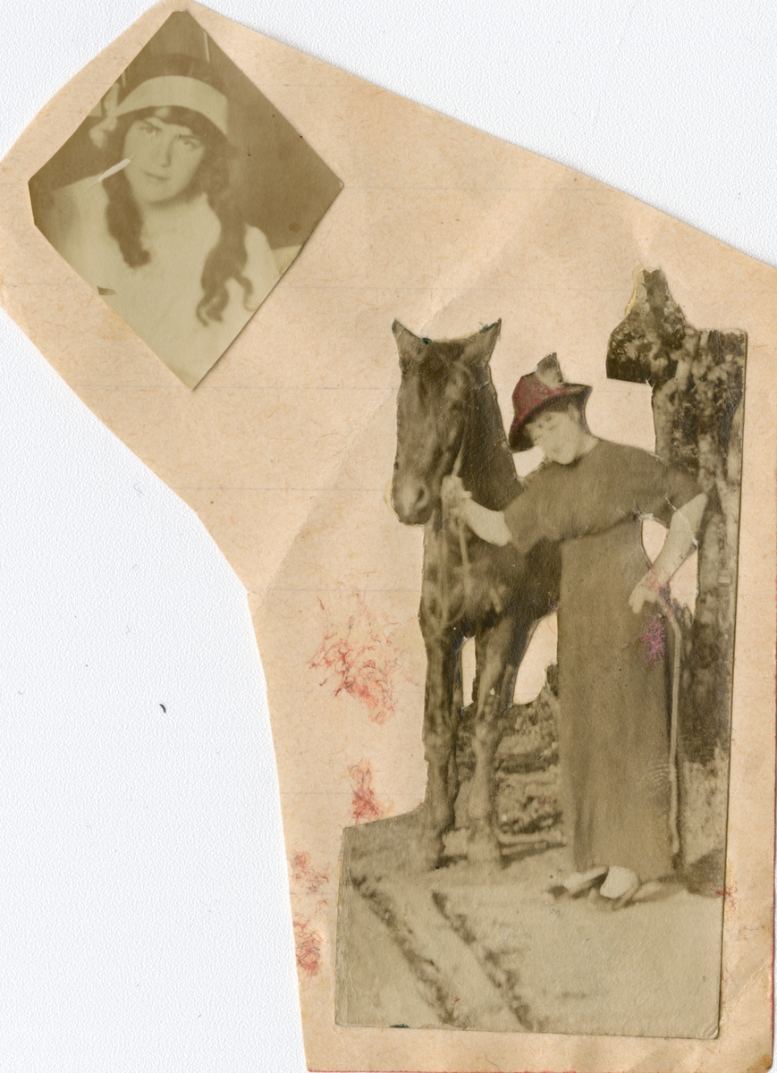 Bilder klipt ut fra en av sidene i Florentine Rostin sitt fotoalbum. Portrett Victoria Rostin øverst. Nederst Victoria Rostin Bachke med en hest.