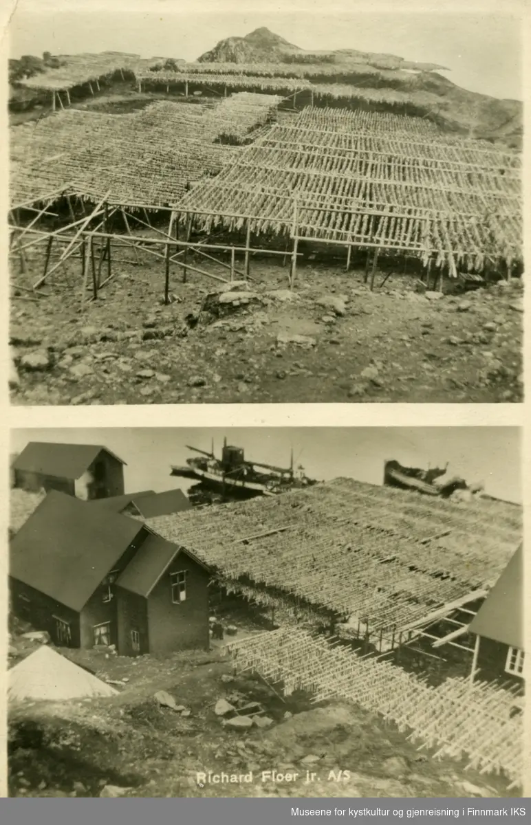 Postkortmotiv. Storbukt. Floerbruket med fiskehjeller, bebyggelse og skip ved kaia. Ca. 1935.