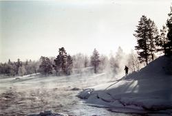 Elveleie, vinterstid i Pasvik. Skiløperen til høyre i bildet