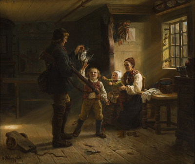 Adolph Tidemand, "Jegeren kommer hjem", 1854
