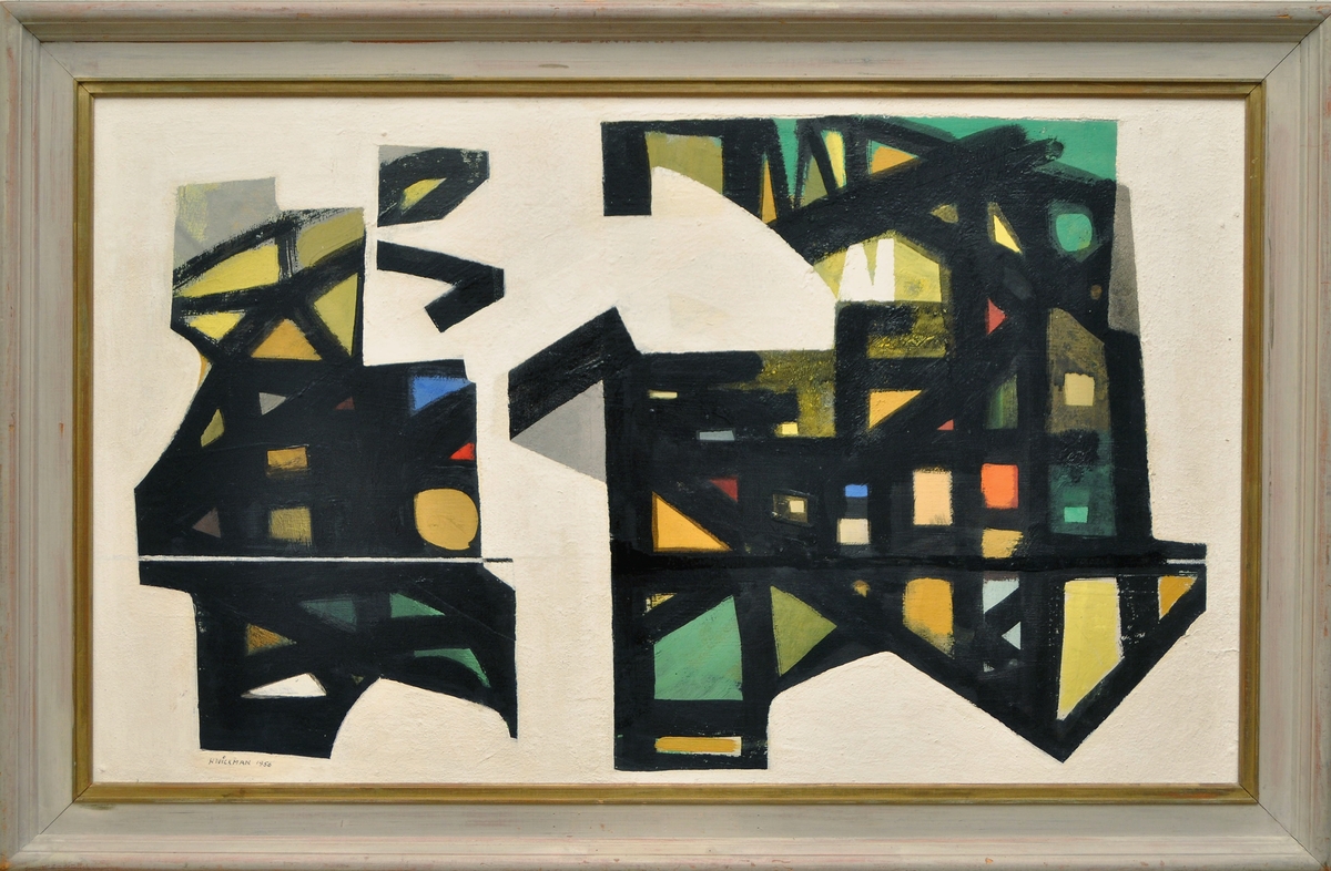 Oljemålning på pannå, Intermezzo, av Hugo Wickman 1956.
Vit bakgrund, nonfigurativt mönster i svart, grönt,gult, rött,blått.
Uppbyggd huvudsakligen kring diagonala, vertikala och horisontella linjespel.