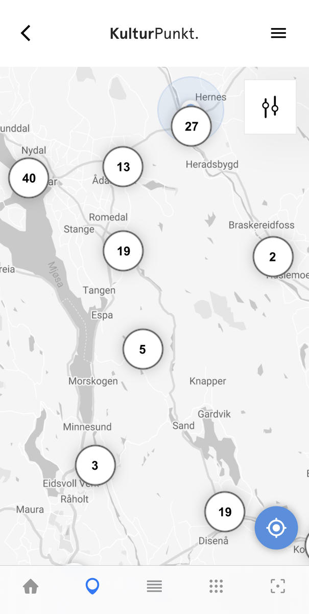 Kart fra Kulturpunkt. Kartet viser steder hvor Anno har opplevelser hos Kulturpunkt.