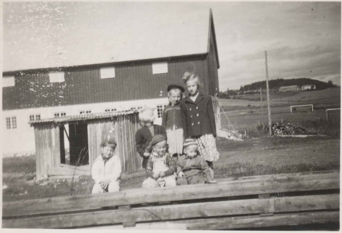 På gårdsplassen på Falstad nedre på Ekne, 1949-50. Gutten som sitter i midten foran er Ivar Haug fra Lunner på Hadeland. Han bodde på gården sammen med sine foreldre, mens faren var med på ombygging av murbygget på Falstad (nå Falstadsenteret) i 1949-50.