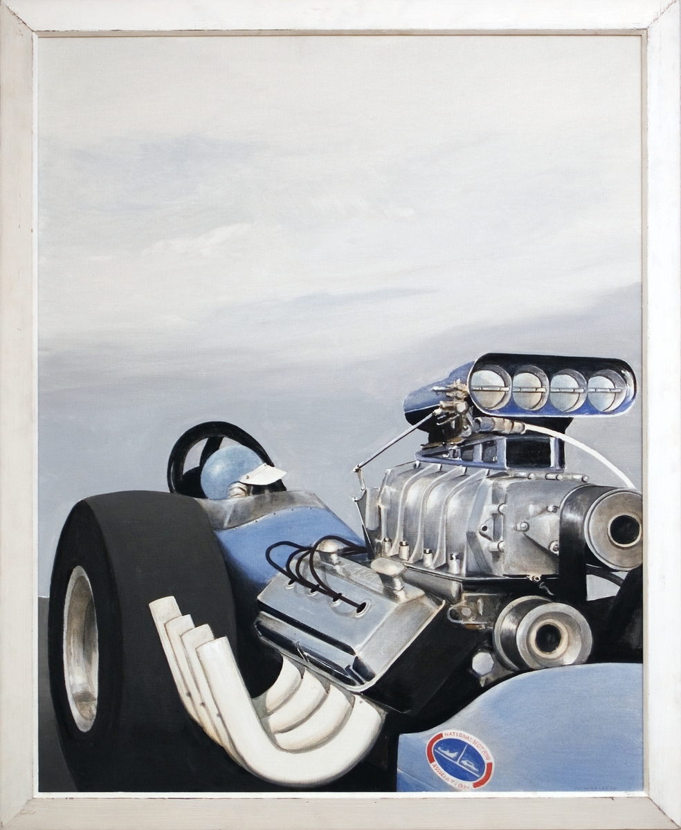 Oljemålning på duk utförd av Ulf Wahlberg: "AA/Fuel dragster".