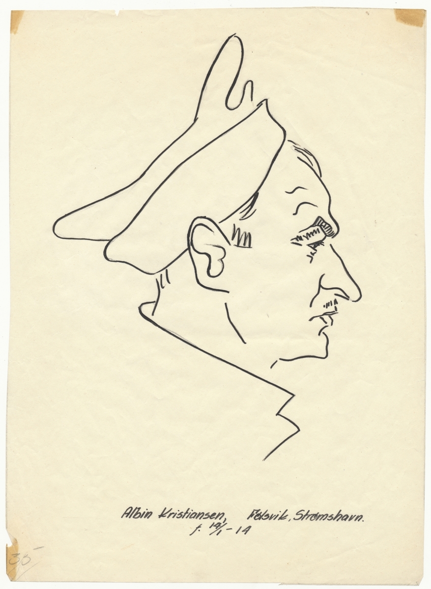 Portrettegning (karikatur) av falstadfange Albin Kristiansen (f. 1914 i Haugesund), Ålesund/Strømshavn.