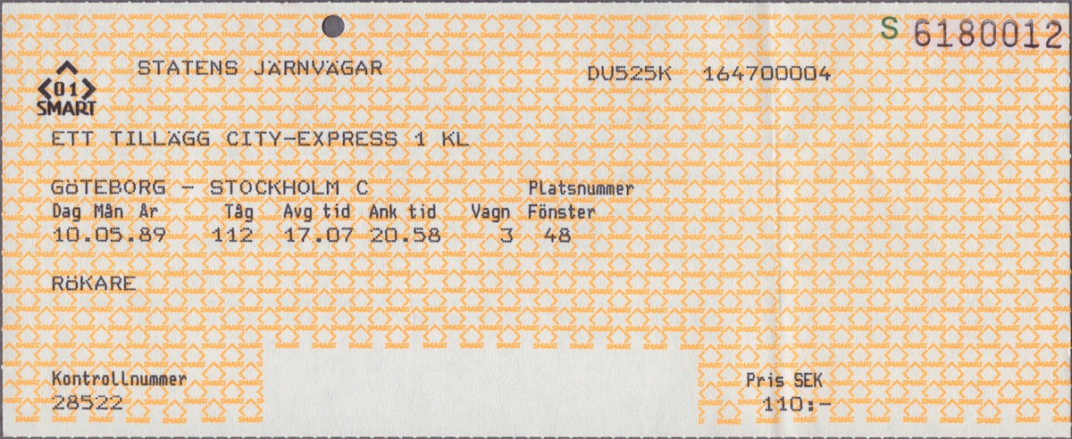 Tilläggsbiljett för Inter-City 1:a klass avdelning rökare på sträckan Göteborg C-Stockholm C. Biljettens pris var 110 kronor och var utfärdad för 1989-05-10. Biljetten är klippt.