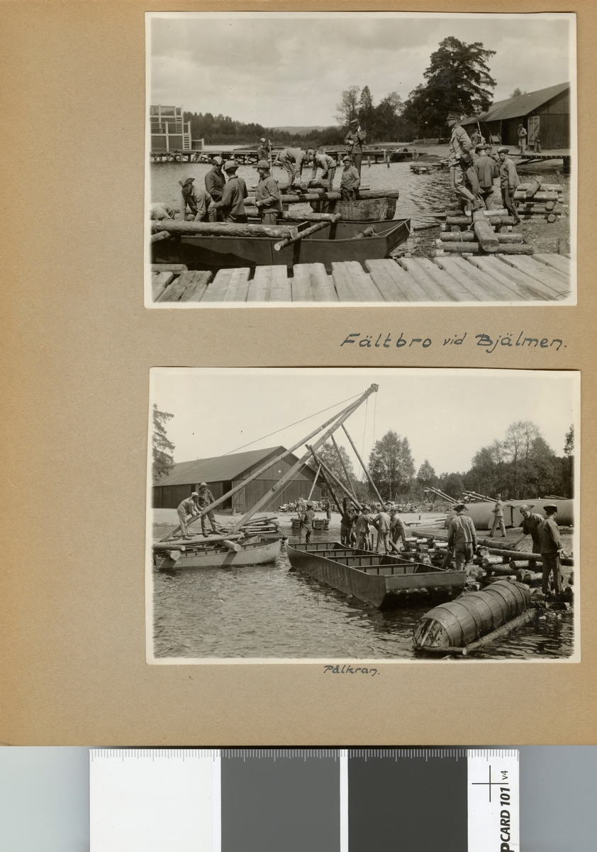 Text i fotoalbum: "Sommaren 1929. Fältbro vid Bjälmen. Pålkran."