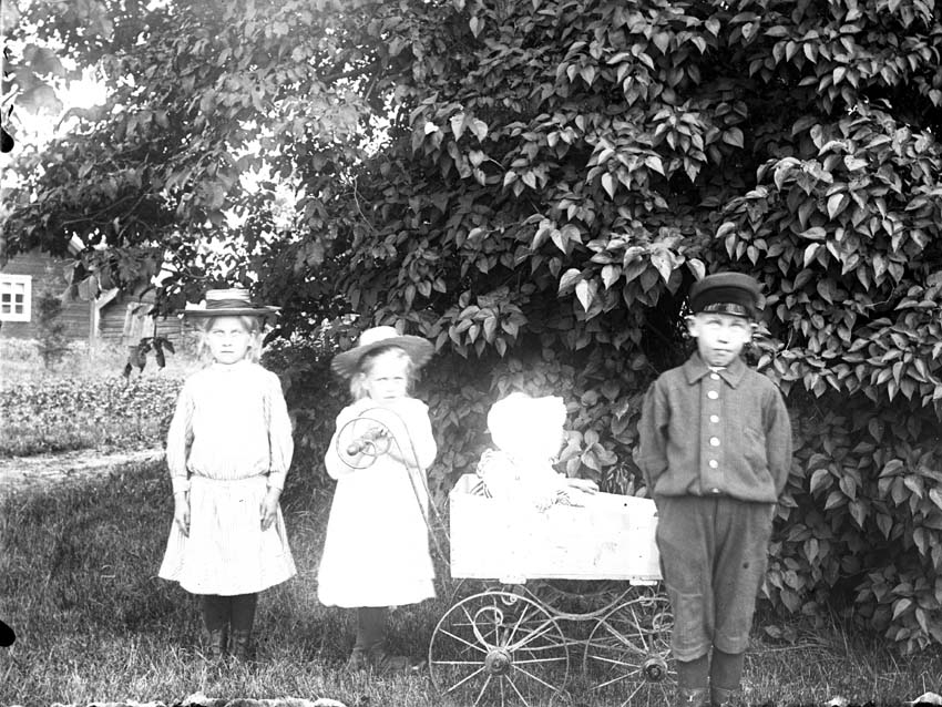 Fyra barn varav ett sitter i en barnvagn, ca 1910.