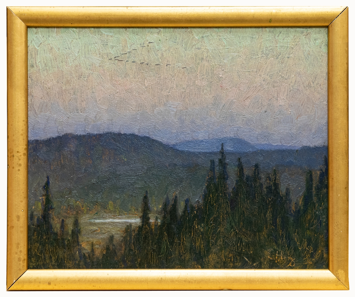 Tavla, olja på kartong, skiss. Landskap med vildgäss av Erik Hedberg (1868-1959).