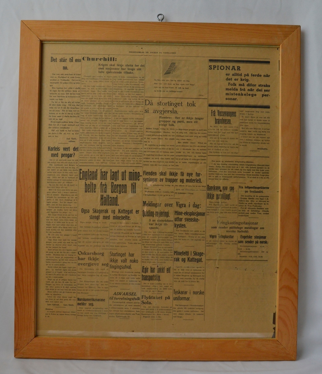 Innrammet meldingsblad fra 13. april 1940.