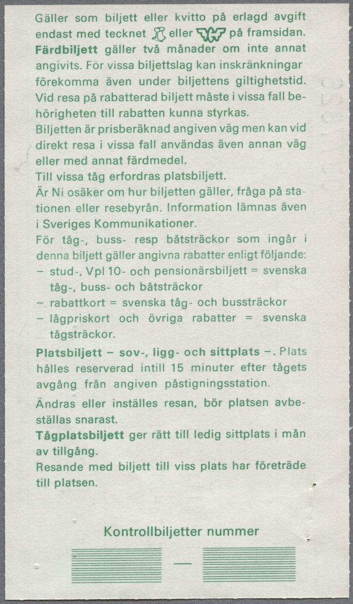 En sittplatsbiljett i 2:a klass med 100% rabatt, för sträckan Alvesta till Stockholm C. Avgångstiden är 09.05 och ankomsttiden är 13.44. Biljettens pris är 0 kronor. På baksidan finn reseinformation i grön text.
Det andra bladet är ett bevis för avbeställning, en sittplats som är avbokad 1981-04-10 klockan 17.15. På baksidan finns reseinformation i grön text.
 Det tredje bladet är en en sittplatsbiljett i 2:a klass för sträckan Alvesta till Stockholm. Med kulspetspenna är biljetten överkryssad. På baksidan finns reseinformation i grön text.