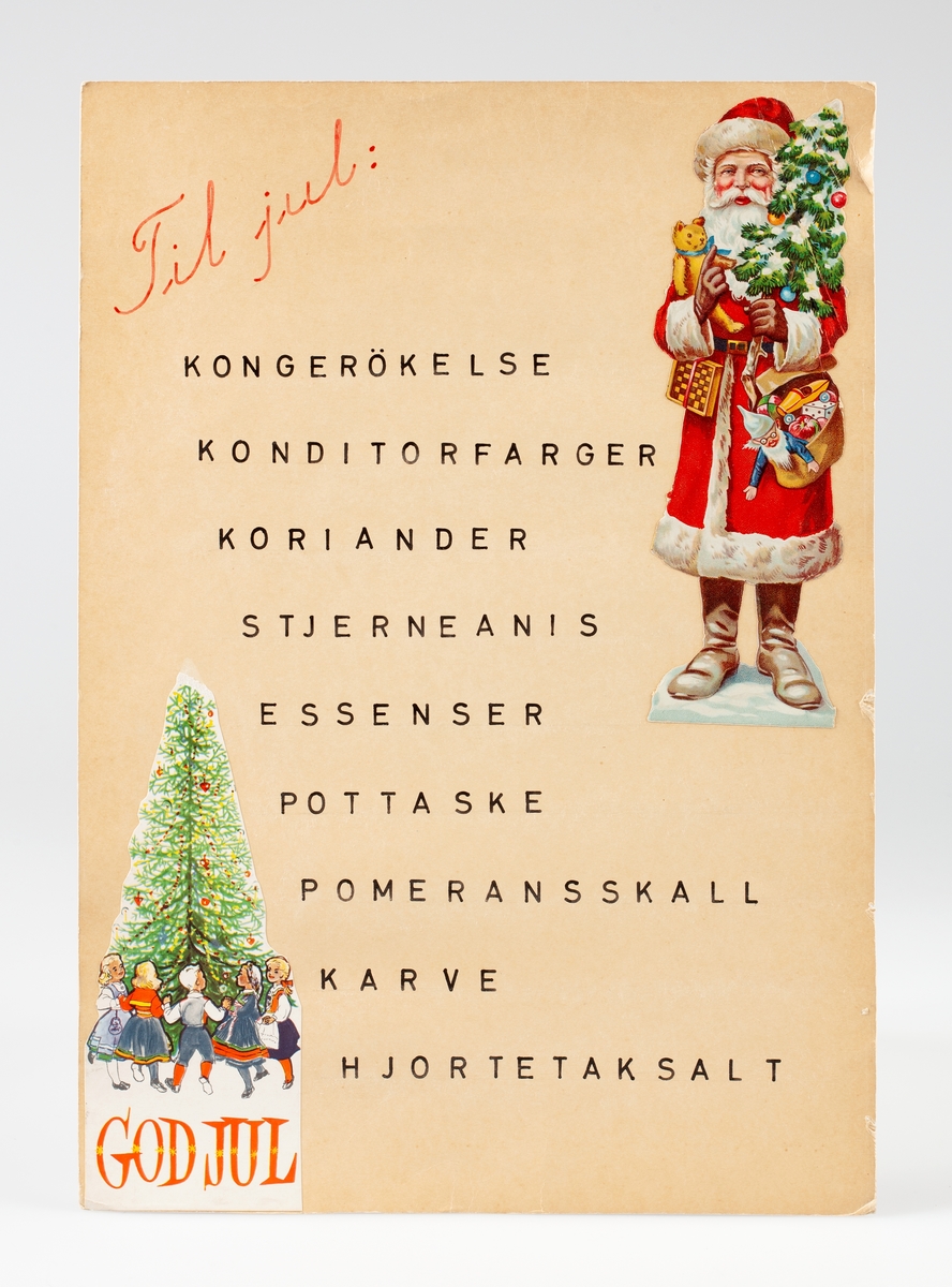 Juleplakat med påklistret julenisse og juletre. Gulaktig plakat med sort tekst.