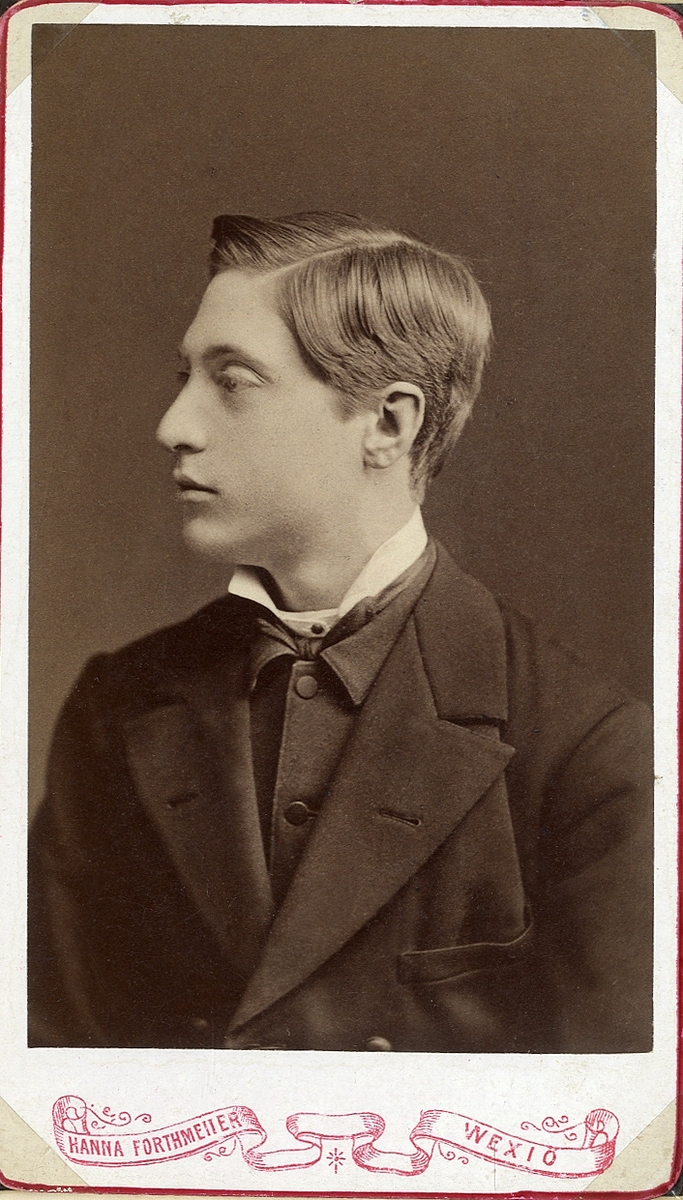 Porträttfoto av en ung man i kavajkostym med stärkkrage m.m.
Bröstbild, profil. Ateljéfoto.