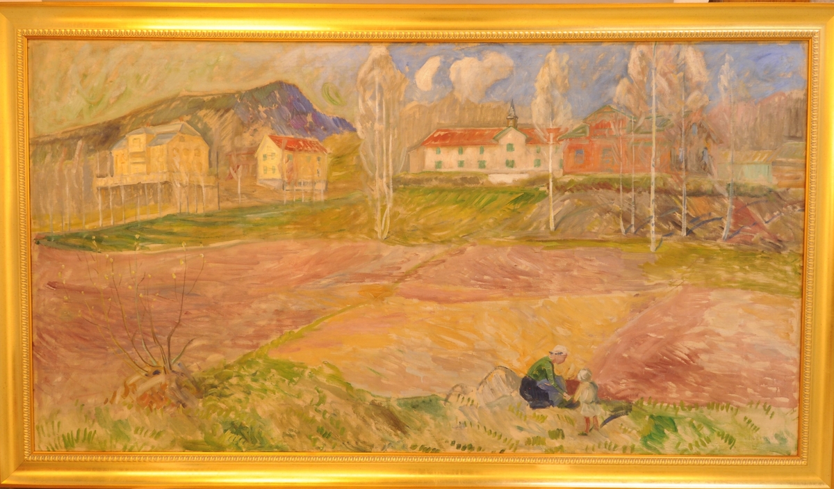 Maleri med motiv fra Aulestad, med to personer i forgrunnen. Rammen er gullforgylt.