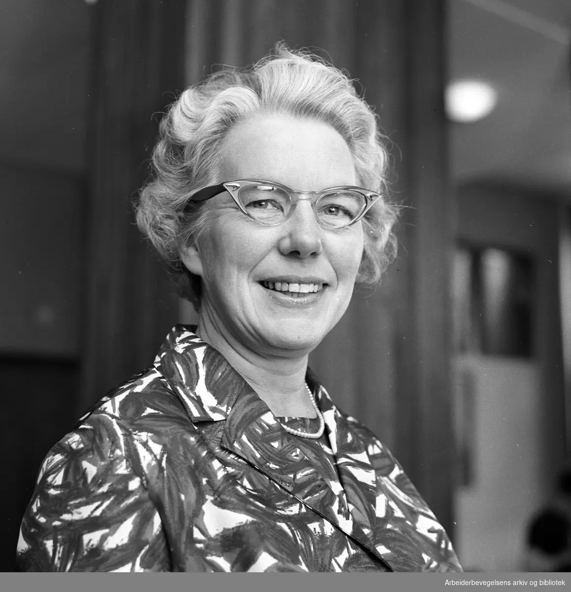 Aase Bjerkholt (1915-2012), 29. mai 1965. Bjerkholt var leder av Arbeiderpartiets kvinnesekretariatet i 1963-1967.