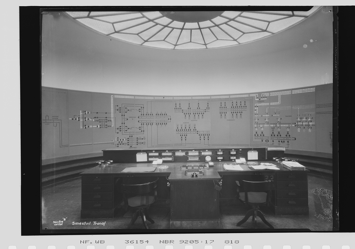 Kontrollrom, Smedstad transformatorstasjon, Siemens-Schuckertwerke AG. Fotografert 1929.