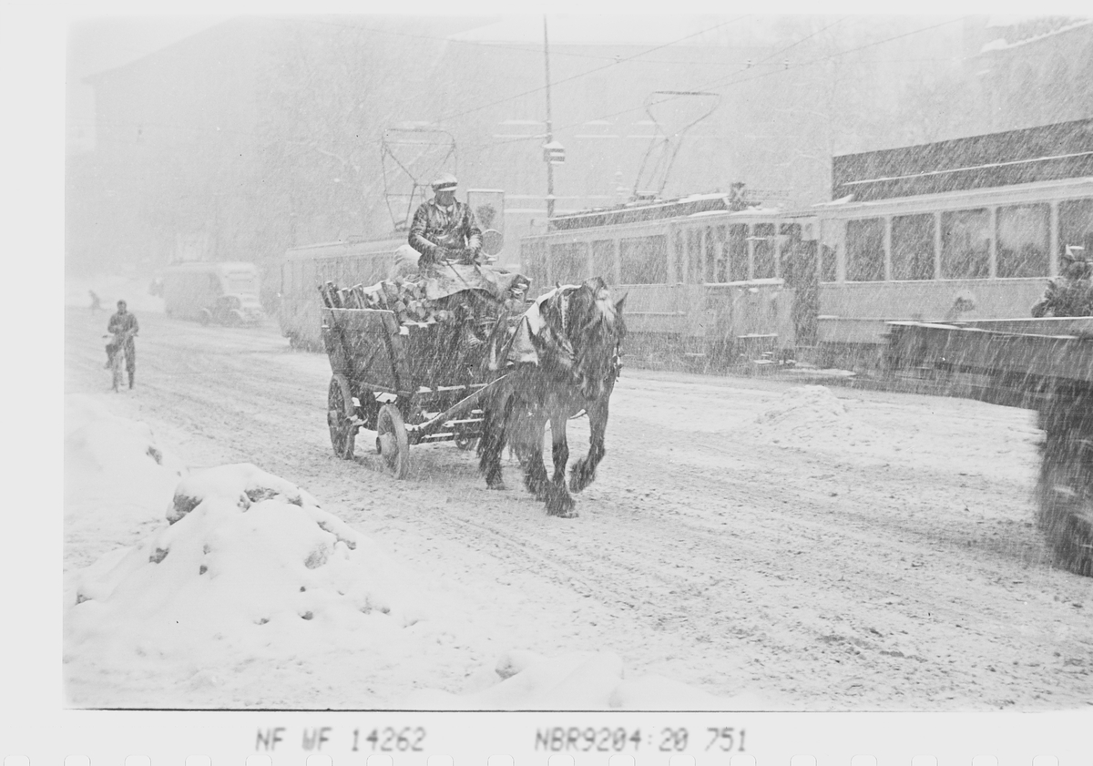 Vinter i Oslo. Trikker og hestetransport i snøvær. Drammensveien, nå Henrik Ibsens gate/Inkognitogaten, Oslo.  Fotografert 01.03.1941.