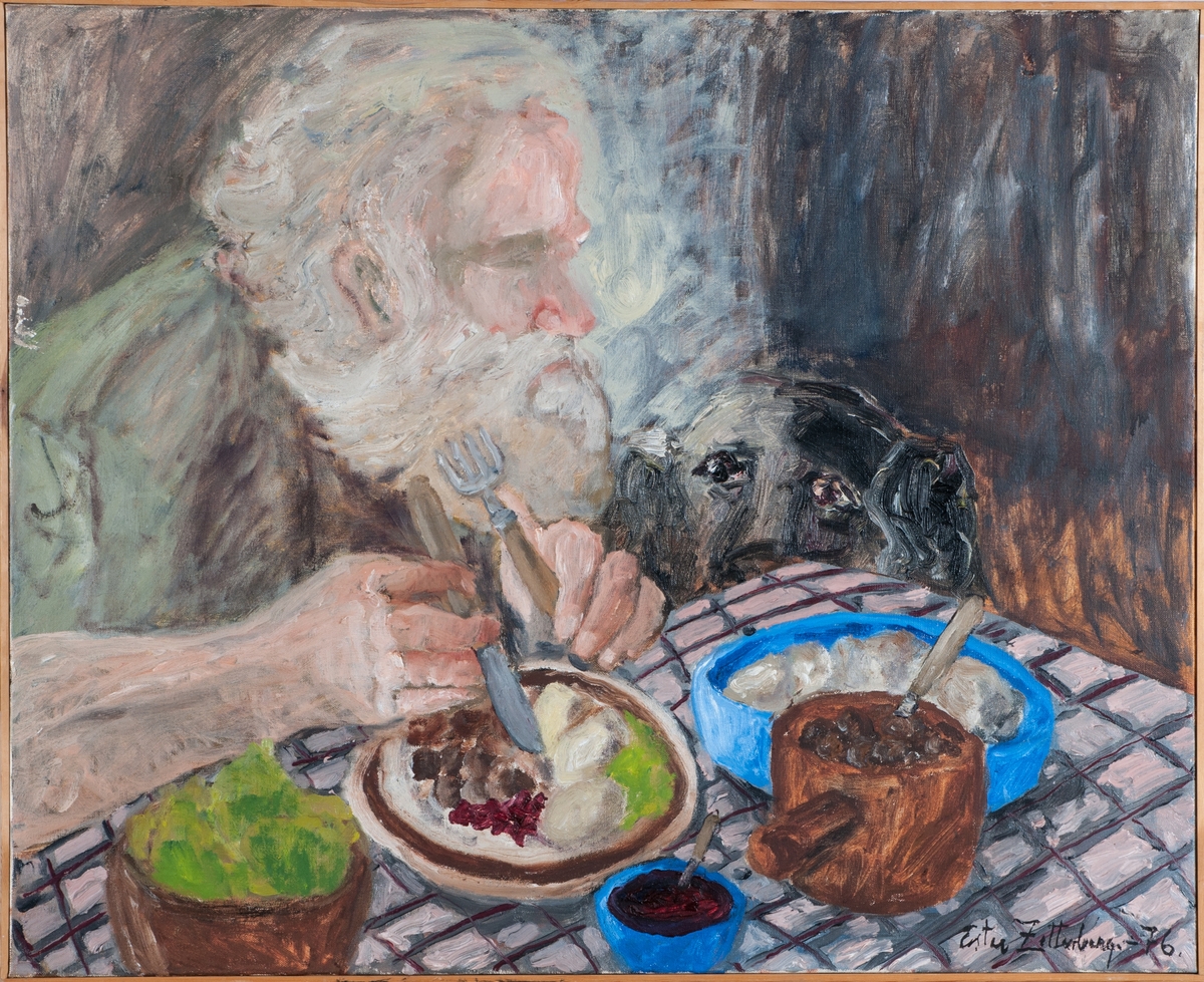 Bilden på mannen som äter är Ester Zetterbergs man Alf och bredvid parets hund (enligt uppgift).