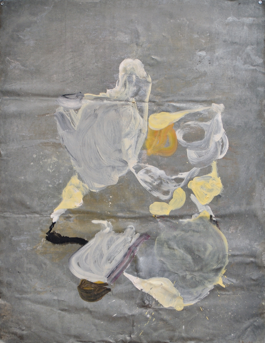 Oljemålning på zinkplåt. "Lacoste 15 juni 1995" av Lotti Ringström. Grå obehandlad plåt med målat abstrakt motiv i beige, ockra, svart, lila och brunt. Oramad. Signerad nedtill till höger: "L.R.-95".