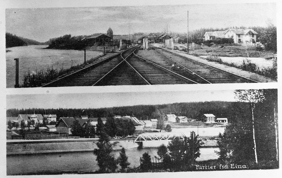 To sammenstilte bilder fra Eina, året 1918. På deet øverste ser en stasjonsområdet, Henna, og Børresengården. Nederst ser en i midten kornlageret som ble bygd i 1918, men senere revet. Her ble meieriet senere plassert.