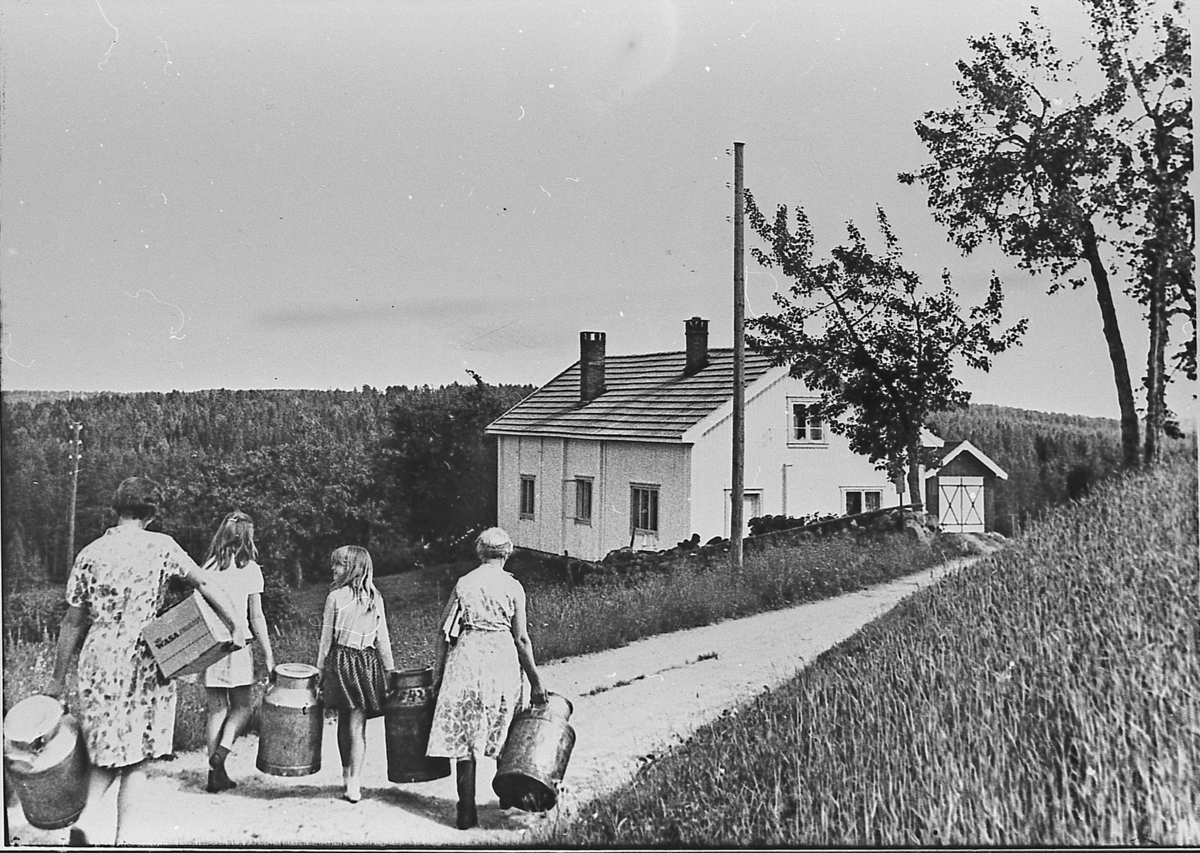 Kvinner og jenter med melkespann og varer de har hentet ved veien, omkring 1960. Kristian Emmerud kjørte melkerute og leverte varer og post. 