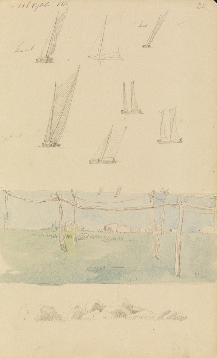 Seilskip, steiner og garn på stranden ved Wieck [Tegning]