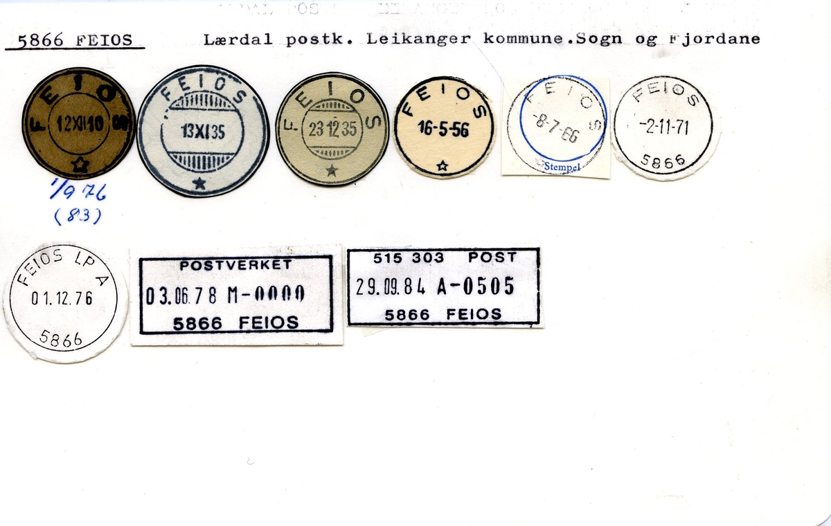 Stempelkatalog, 5866 Feios, Lærdal postkontor, Leikanger kommune, Sogn og Fjordane fylke.