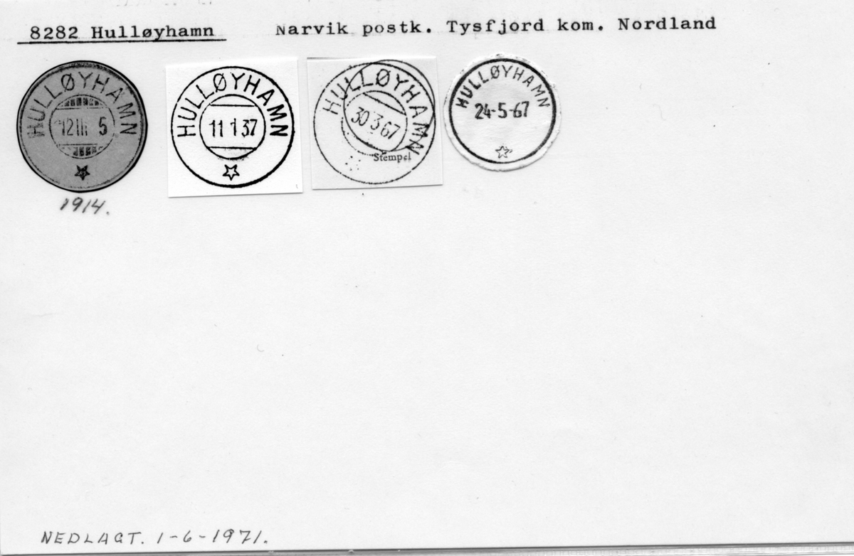 Stempelkatalog. 8282 Hulløyhamn, Narvik postk., Tysfjord kommune, Nordland