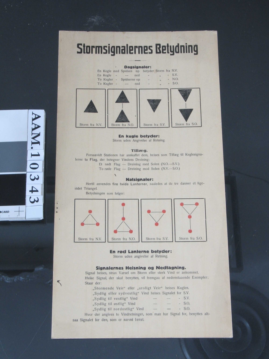 Plakat: " Stormsignalernes Betydning"  ca. 1900.   Papplate. Plansje med signaler og hva de betyr. Trykke  og utgiversted ikke angitt. 