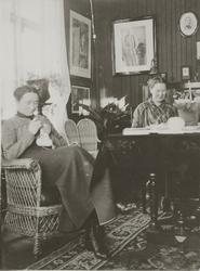 To damer sitter i stuen med håndarbeid. Antagelig hekling.
