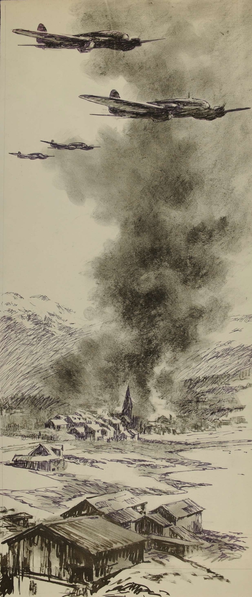 Voss blir bombet 23. - 25. april 1940. 83 hus blir ødelagt. Kampene i Norge 1940, bind 2, side 33.