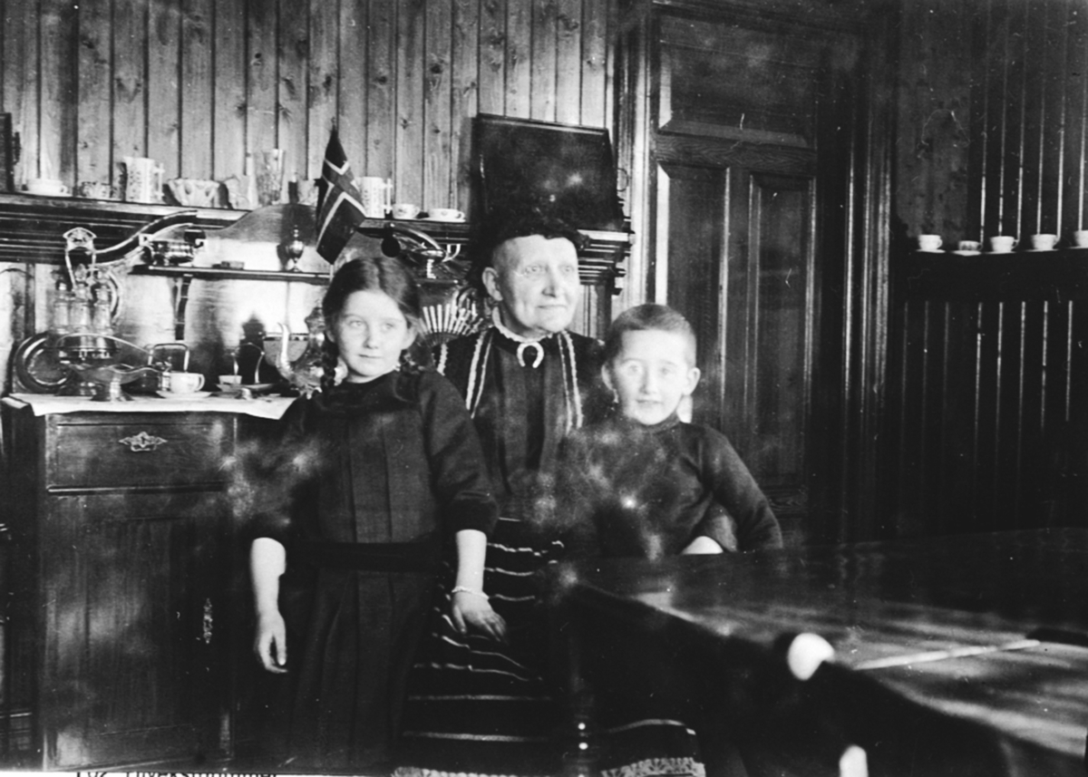 Interiør, spisestue, Granerud gård, Brumunddal. Lilly Bjerke f.1905, bestemor Otilia Bjerke f.1857 , Leif Bjerke f.1907.