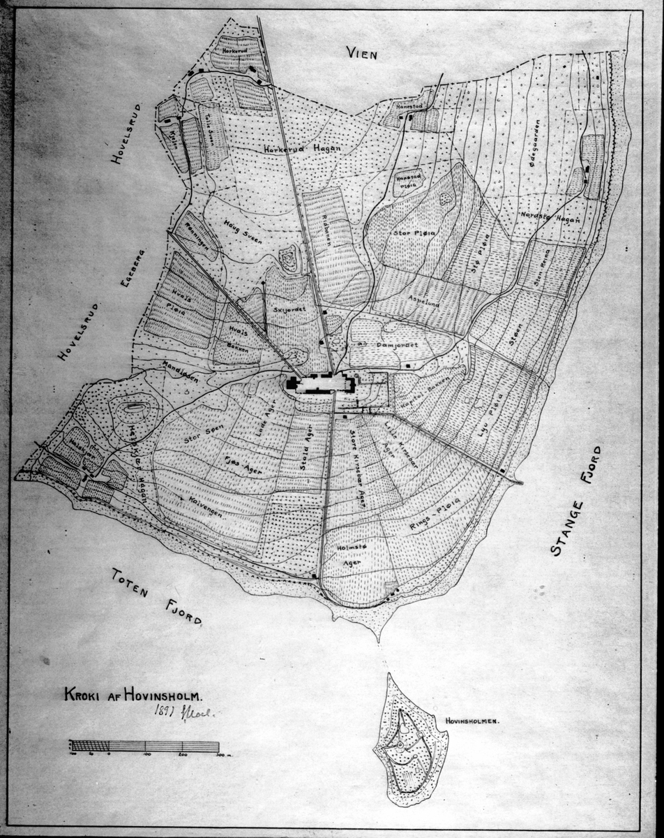 Kart over Hovinsholm, Helgøya fra 1891 med navn på alle jorder.