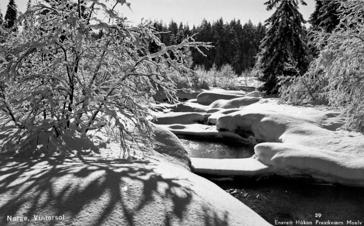 Ringsaker, Vintersol, vinterstemning, elv med is, snødekte trær, Bildet er tatt der Koloa renner ut i Moelva, Like ved Kvernstubrua, Postkort.