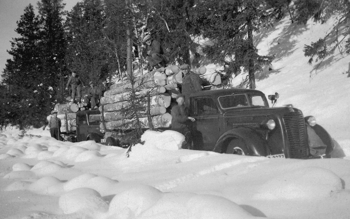 Tømmerbil, modell Diamond T 1936-37 med tømmerlass. Gruppe skogsarbeidere, fra venstre er Alf Nordengen, Asbjørn Rønningen, Ole Røset, Hjalmar Havik, Asbjørn Havik (bak førerhuset), Einar Jevanord, vinter, Geitryggen, Furnes Almenning.