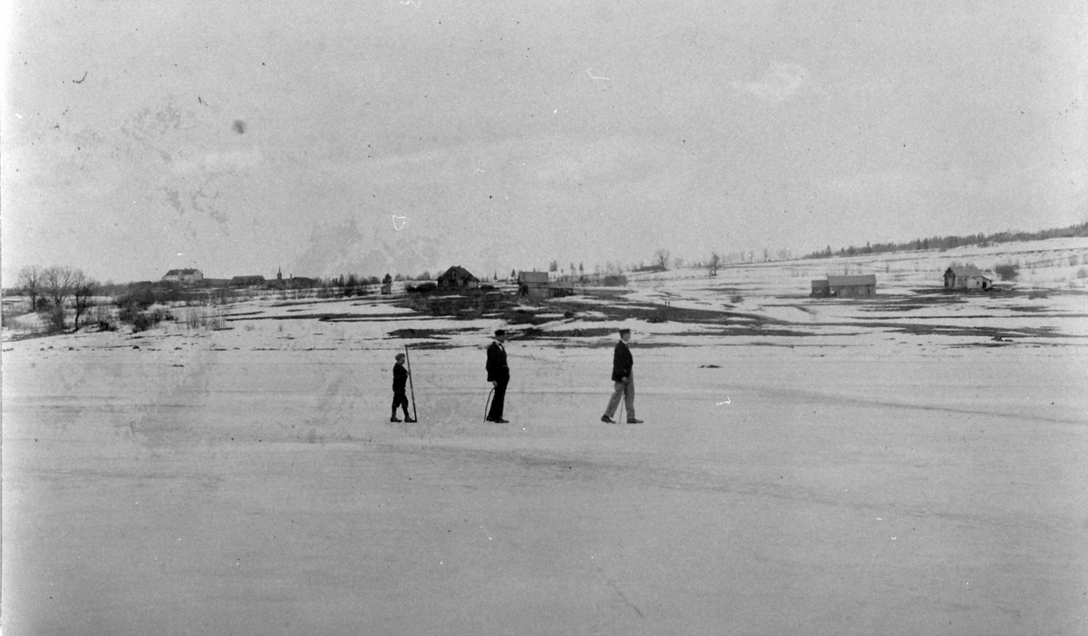 Husmannsplasser i "Amerika" under Prestegarden, Nes, Hedmark. Hoel gård i bakgrunnen. 3 personer på Mjøsisen i forgunnen. 1900-05.
