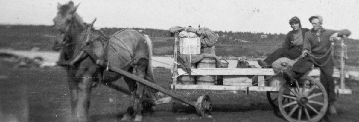 Hest og kjerre med oppakning på Ljøsheim. Multebutter på lasset. Signe og Ingvald Grøndal ca. 1935. 